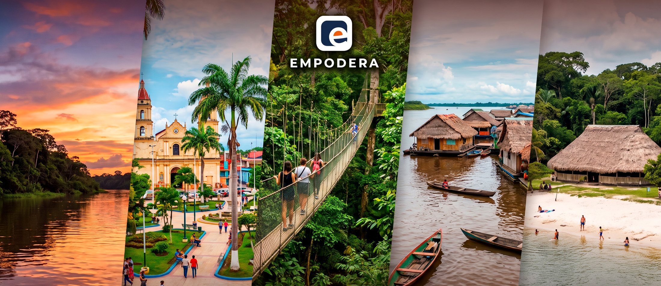 Collage de Iquitos: atardecer sobre el río Amazonas, la plaza con la iglesia colonial, el puente colgante en la selva, las casas flotantes de Belén y una playa fluvial